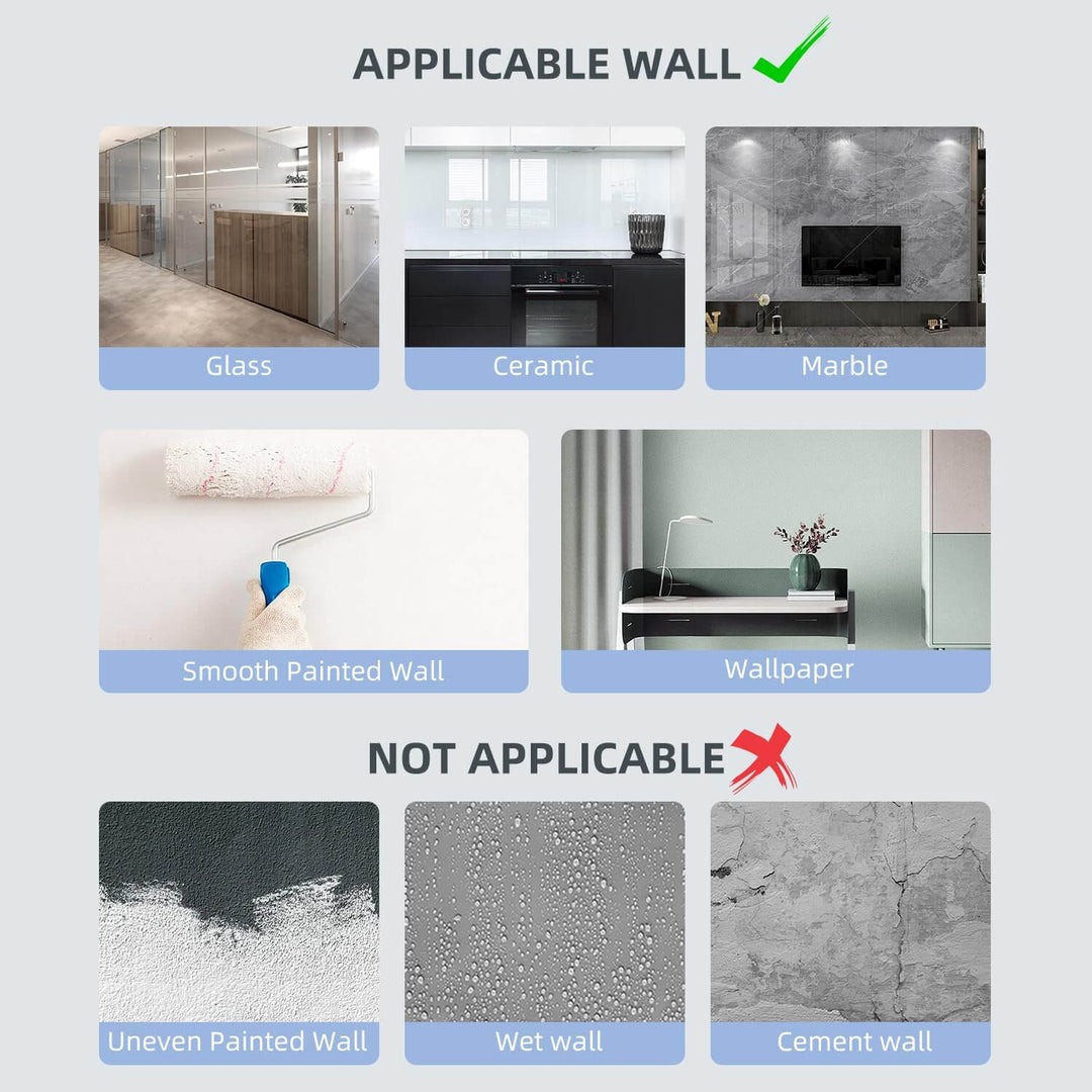 Image showing applicable and non-applicable wall types for pegboard installation, including glass, ceramic, and marble.