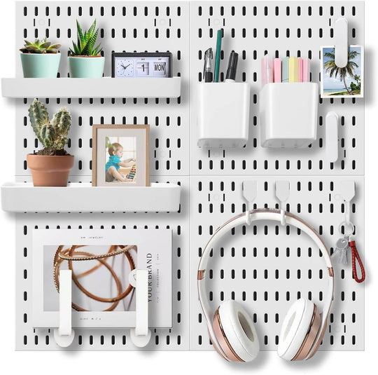 Pegboard wall organizer with shelves, hooks, plant pots, and accessories for efficient storage and decoration.