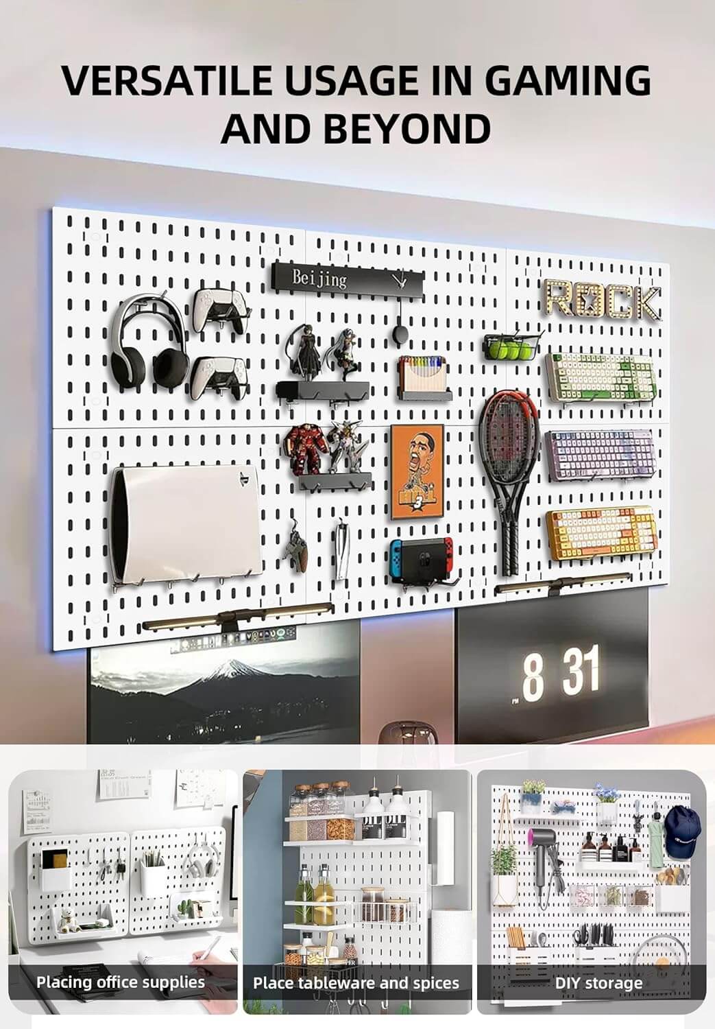 Pegboard wall organizer with gaming gear, DIY storage, and office supplies for versatile usage.