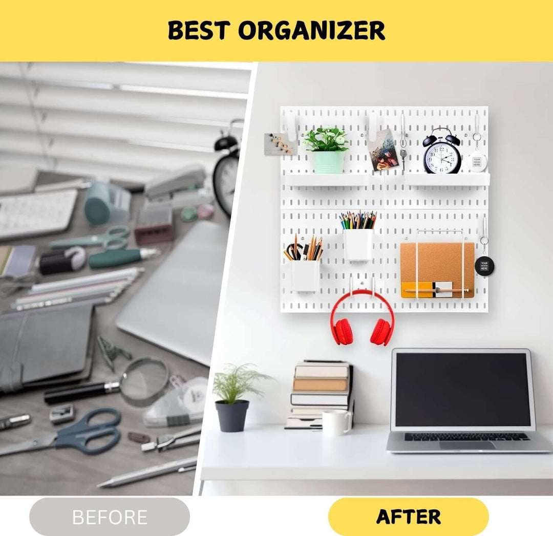 Before and after image showing a messy desk transformed with the Pegboard Combination Kit for organized workspace.