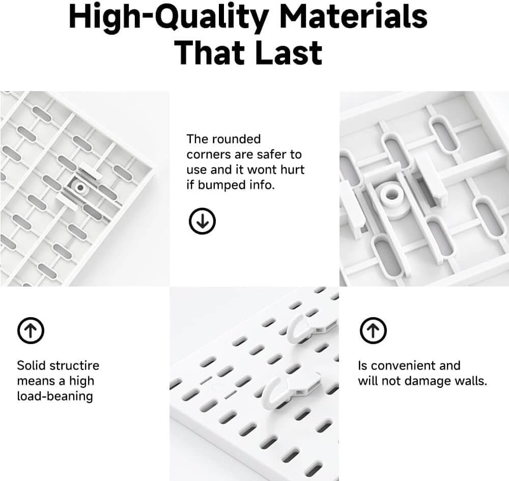 Close-up of pegboard features highlighting high-quality materials, rounded corners, solid structure, and wall protection.