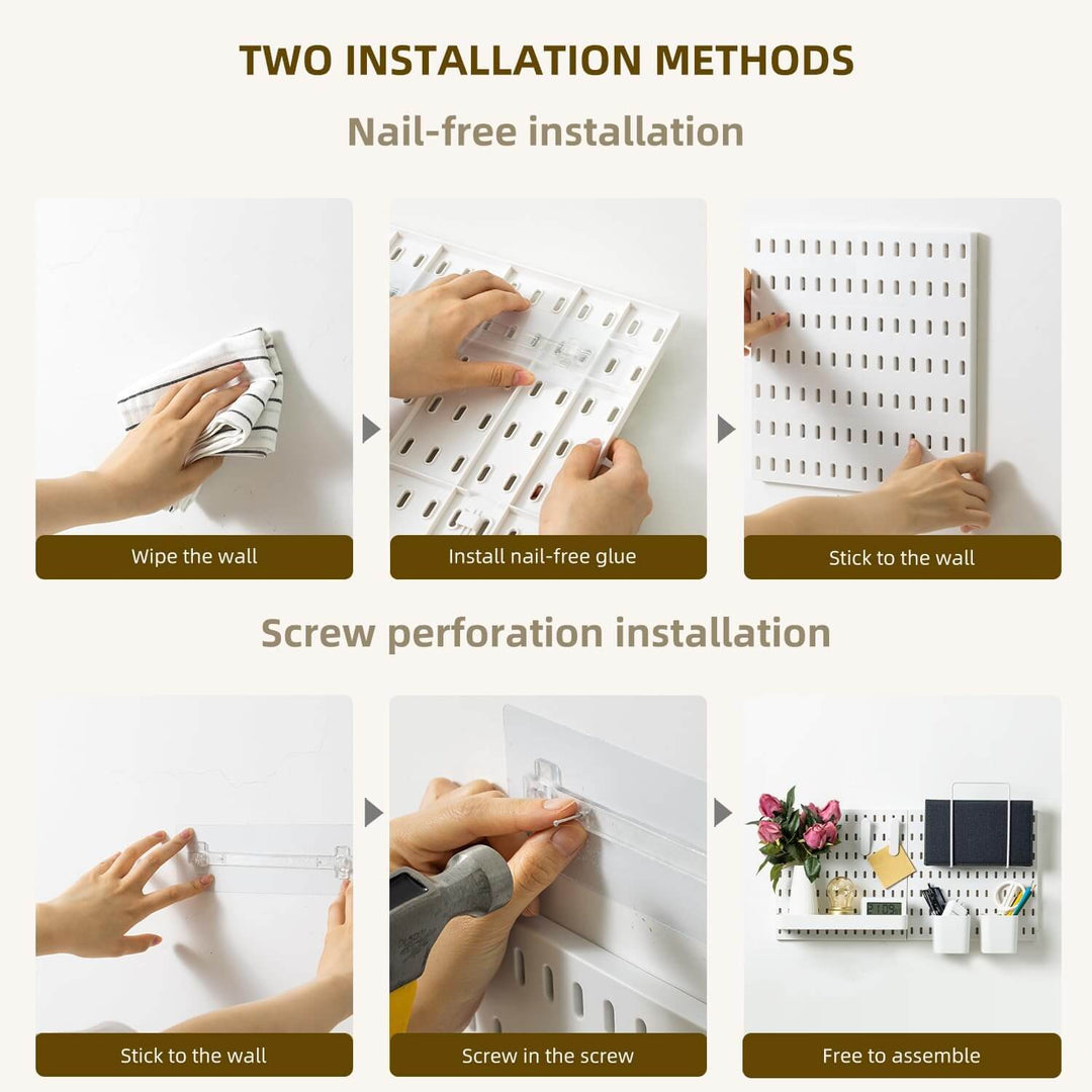 Illustration showing two installation methods for pegboards: nail-free and screw perforation installation.