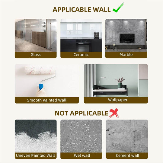 Image showing applicable and non-applicable wall surfaces for mounting, including glass, ceramic, and marble.