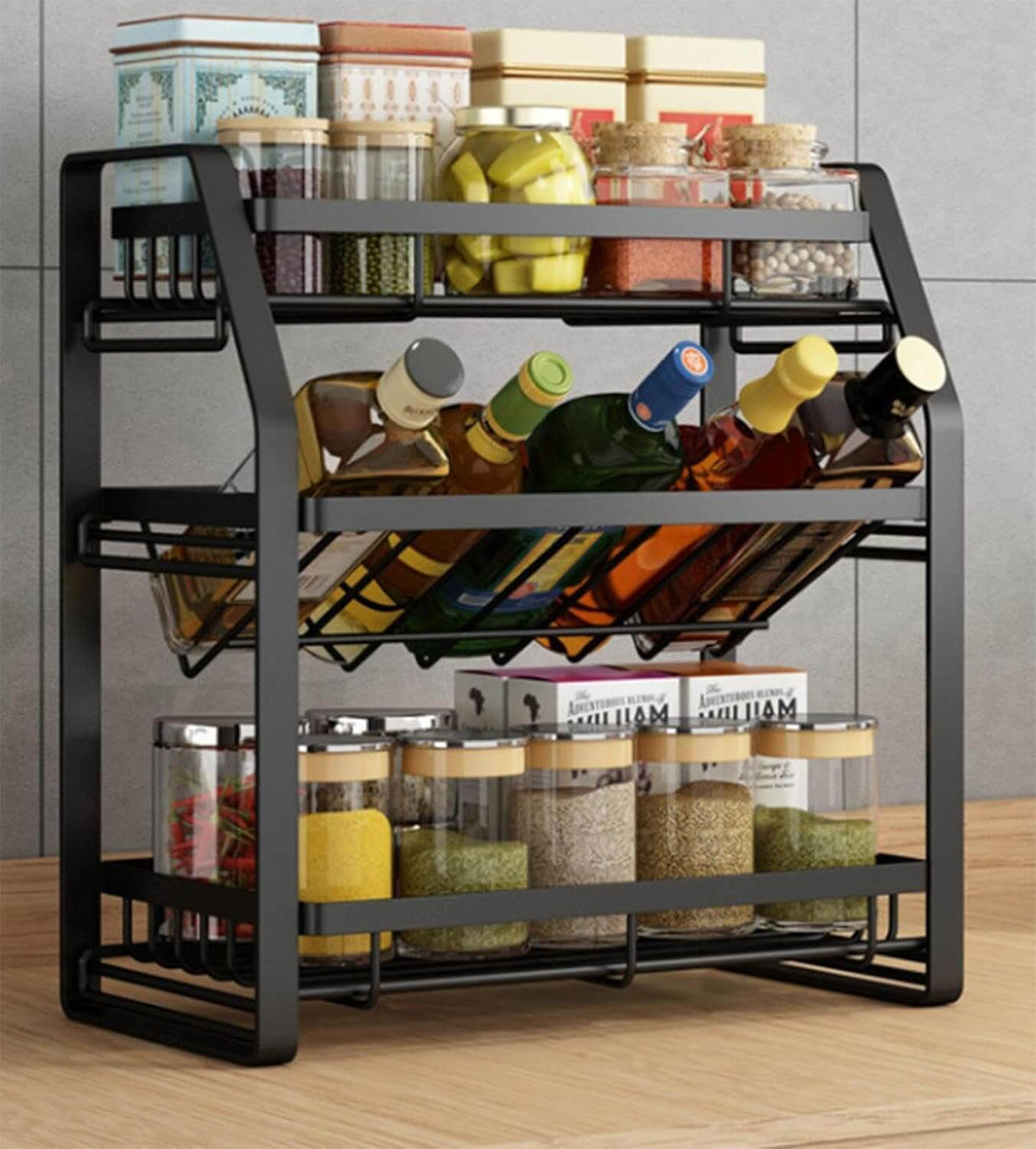 3-tier detachable spice rack storage organizer, perfect for kitchen countertop with spices, oils, and condiments.