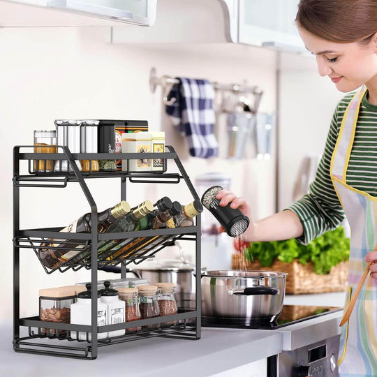 Stylish 3-tier detachable spice rack organizer on kitchen countertop with spices and condiments, ideal for affordable kitchen storage.