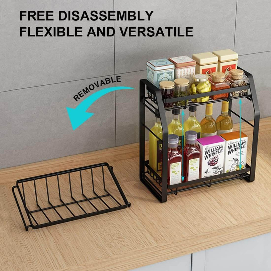 3-tier detachable spice rack organizer on kitchen countertop, featuring removable shelf, showcasing condiments and oils.