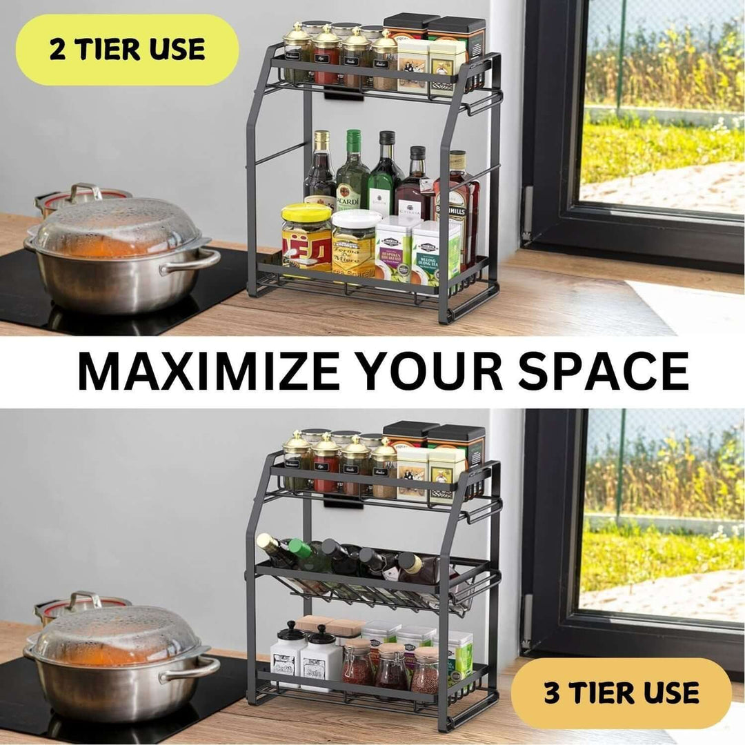 Detachable 3-tier spice rack organizer for kitchen with 2-tier and 3-tier usage options, maximizing countertop space.