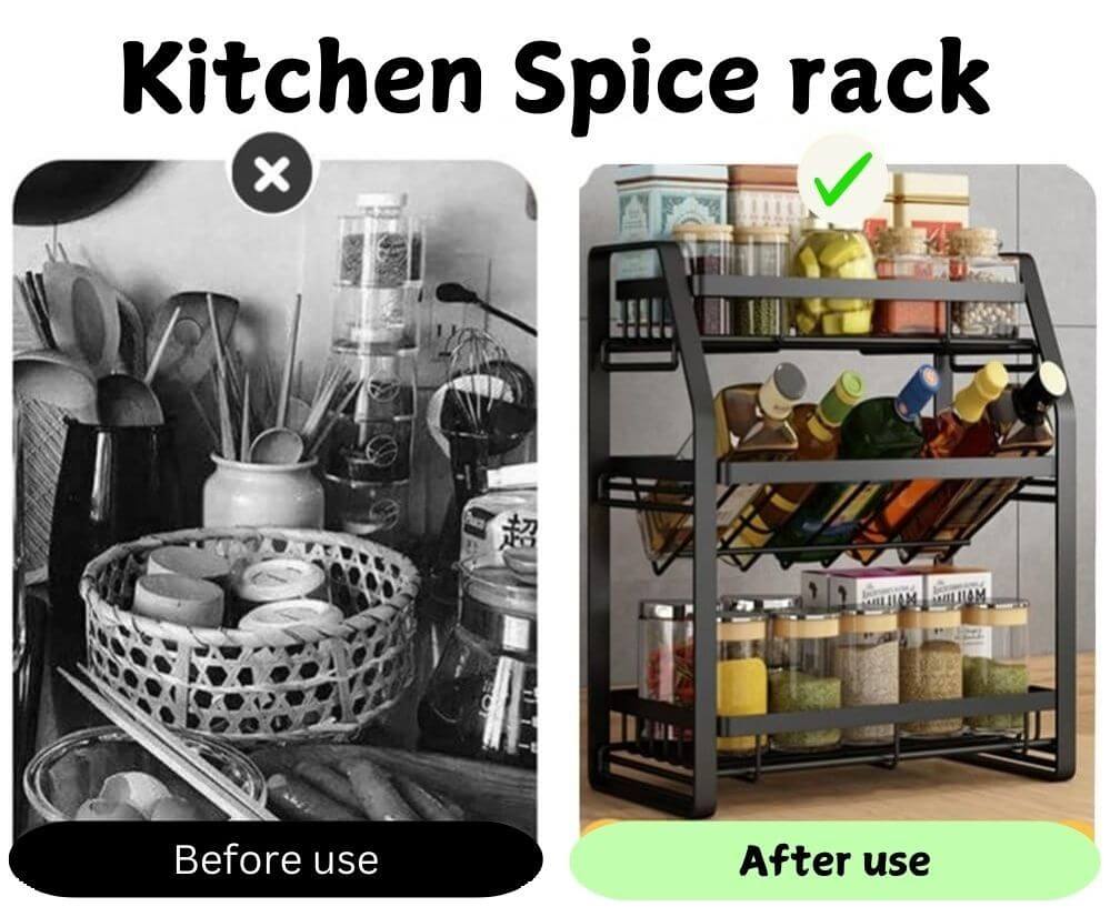 Before and after comparison of a kitchen spice rack organizer for improved storage and style.