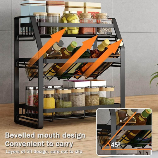 3-Tier detachable spice rack storage organizer with tilted shelves, perfect for spices and bottles, featuring a sleek design.