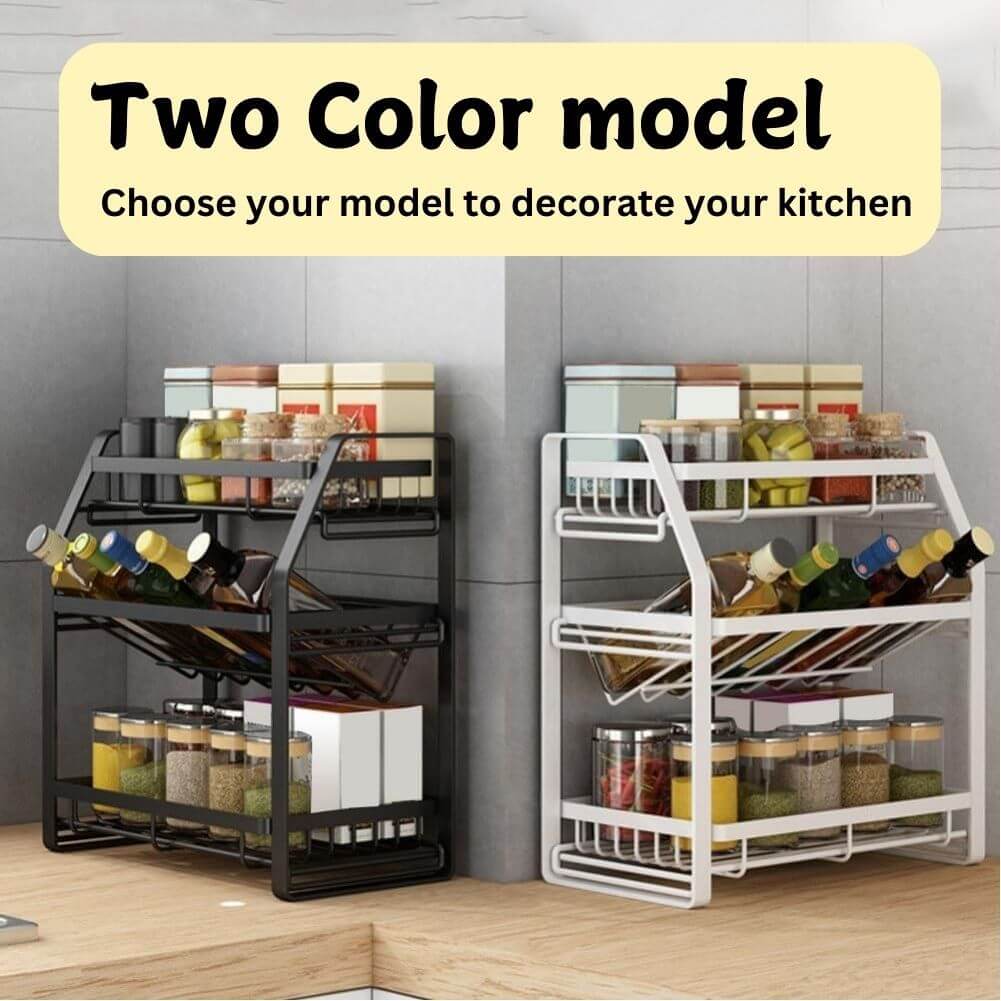 3-tier detachable spice rack in black and white models for kitchen organization