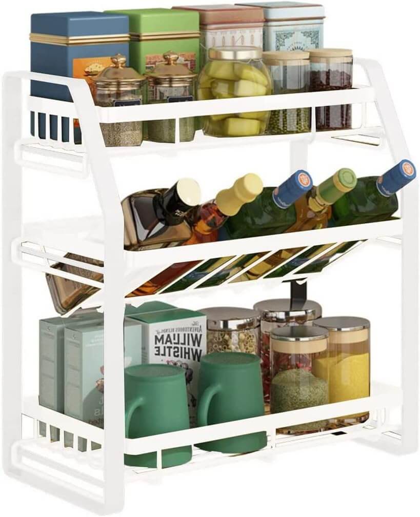 3-tier detachable spice rack organizer displaying oils, spices, and jars on kitchen countertop for easy access.