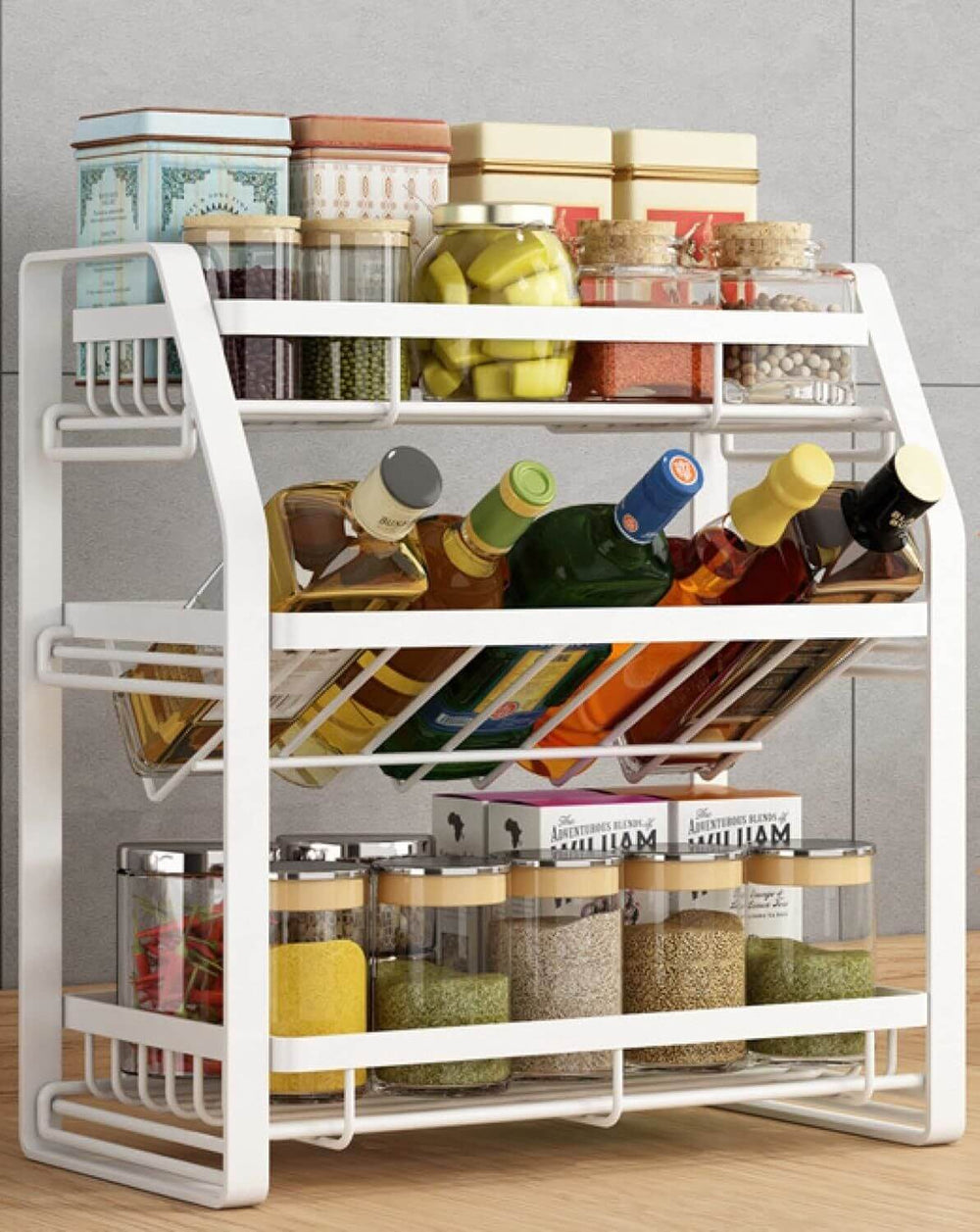 3-Tier detachable spice rack organizer featuring jars, oils, and spices for a stylish kitchen countertop.