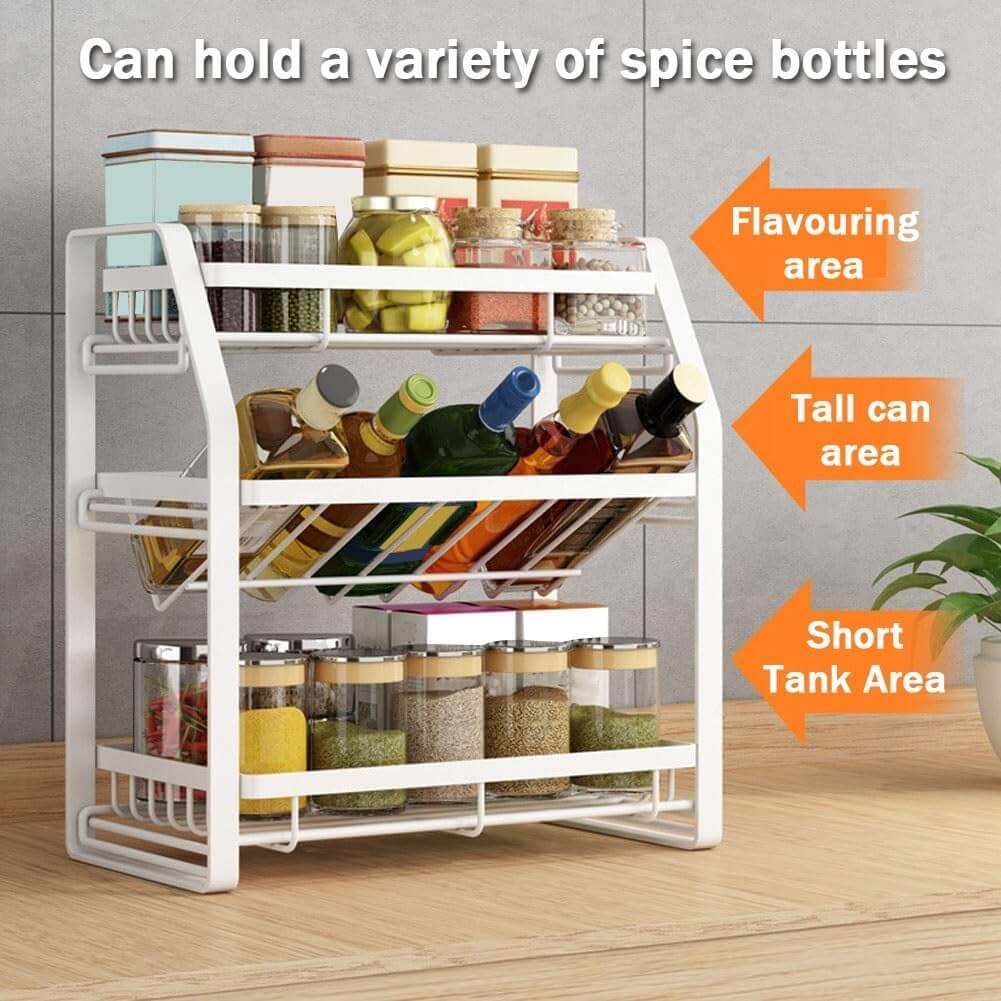 3-tier detachable spice rack organizer with various spice bottles, perfect for kitchen countertop storage.