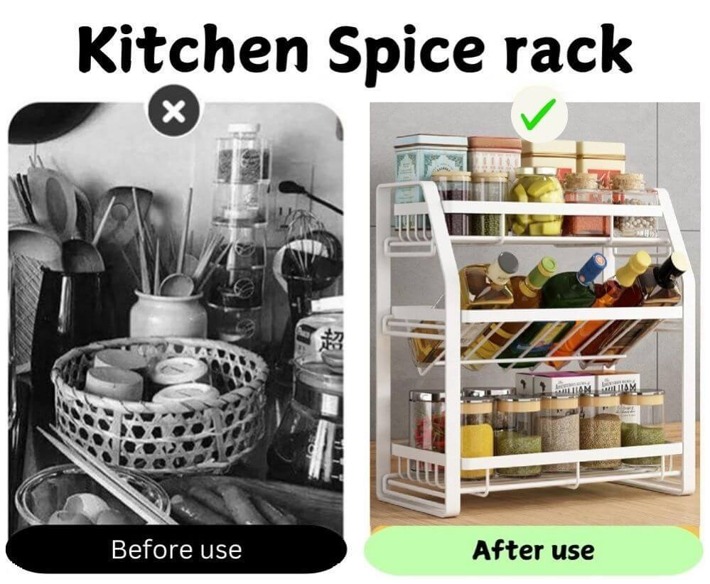 Before and after images of a kitchen spice rack, showcasing organization transformation with affordable, quality storage.