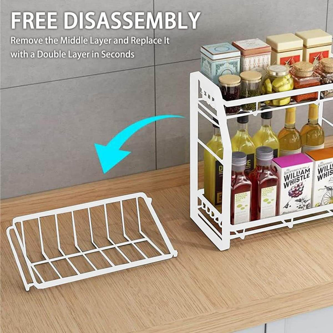 3-tier detachable spice rack showing easy disassembly for customization on kitchen countertop.