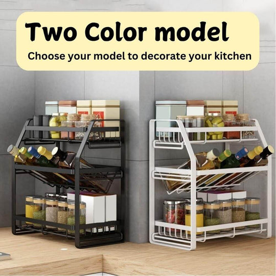 3-tier detachable spice rack organizer in black and white for kitchen countertop storage, customizable design.