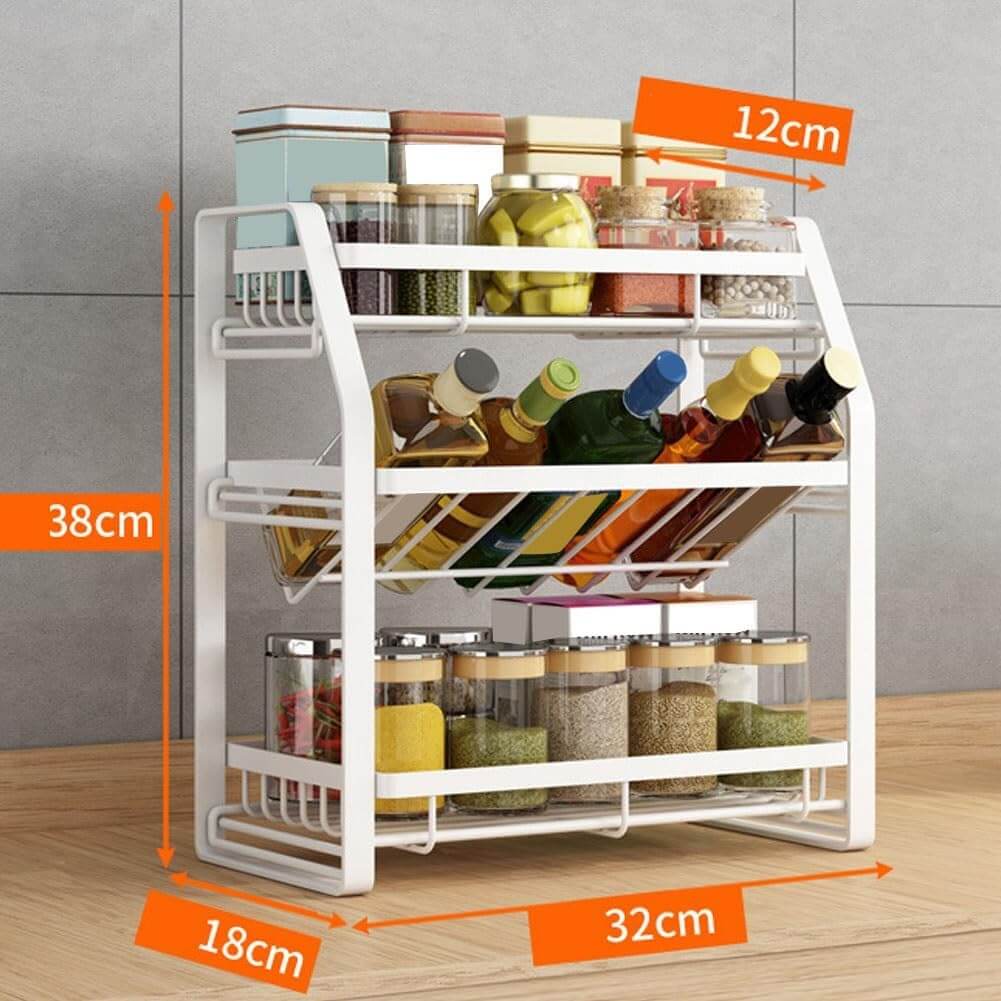 3-tier detachable spice rack organizer with jars and bottles on kitchen countertop, 38cm height, 32cm width, affordable and quality design.