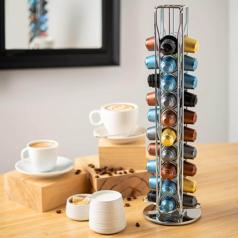 Coffee pods holder storage displaying 40 Nespresso pods, modern design on a kitchen table with coffee cups and sugar.