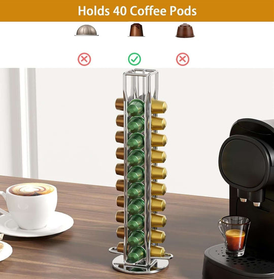 Coffee pods holder storing up to 40 Nespresso pods, modern design for affordable coffee organization.