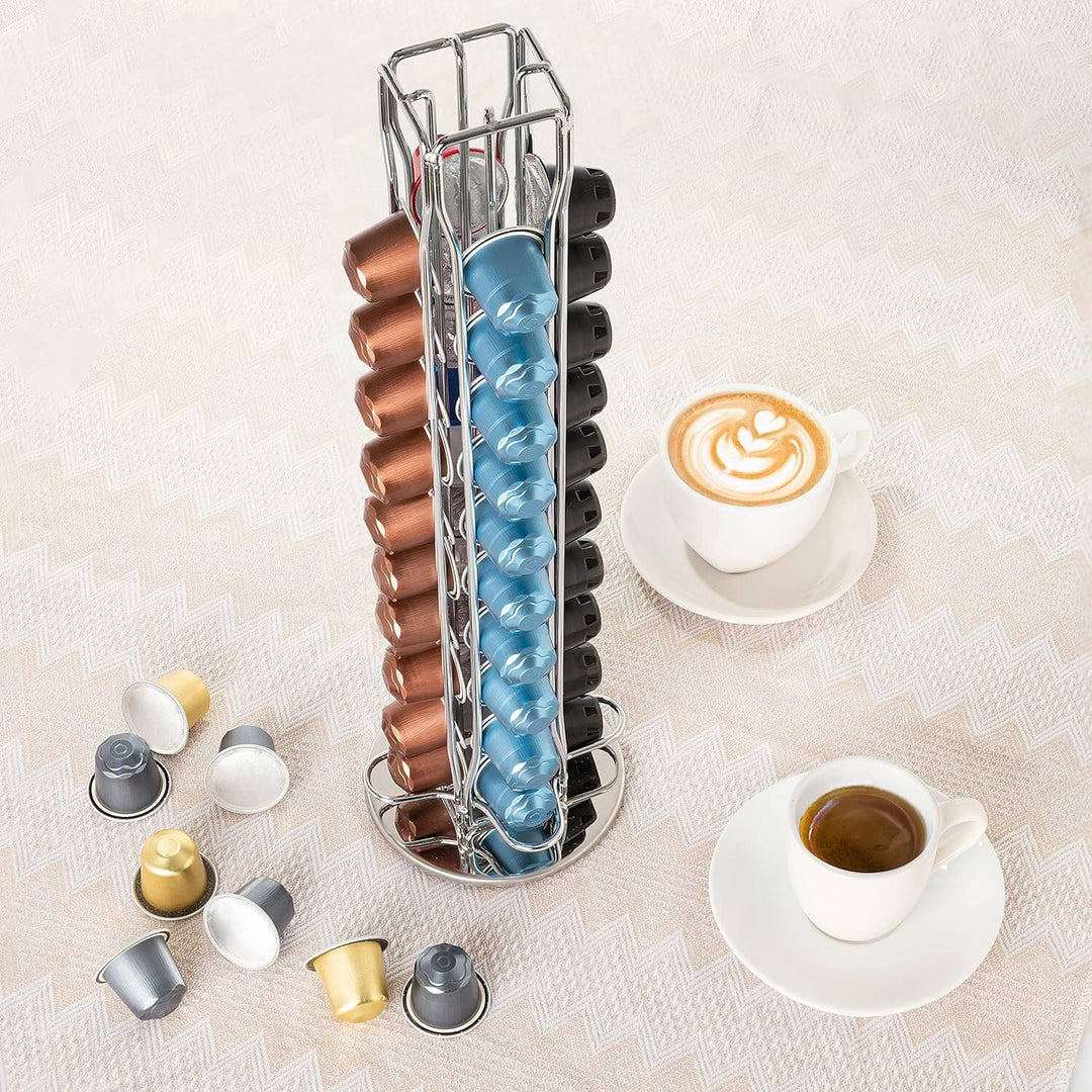 Affordable coffee pod holder storing 40 Nespresso pods with modern design, beside coffee cups and various coffee pods.