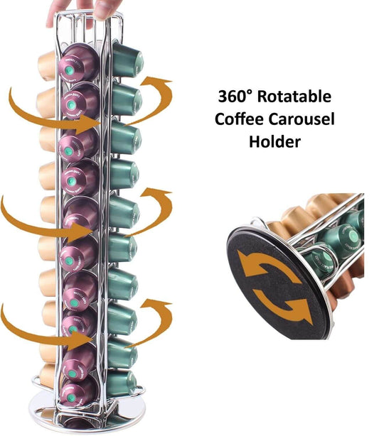 360° Rotatable Coffee Carousel Holder for up to 40 Nespresso Pods, affordable and modern design for easy access.