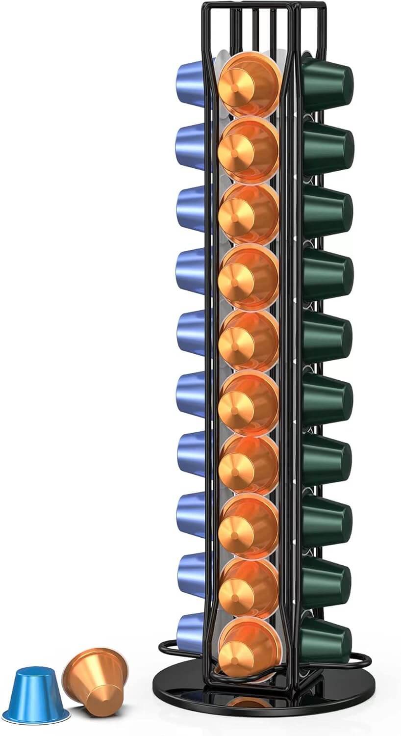 Modern coffee pods holder storage for 40 Nespresso pods in sleek design, featuring multiple colors and space-saving functionality.