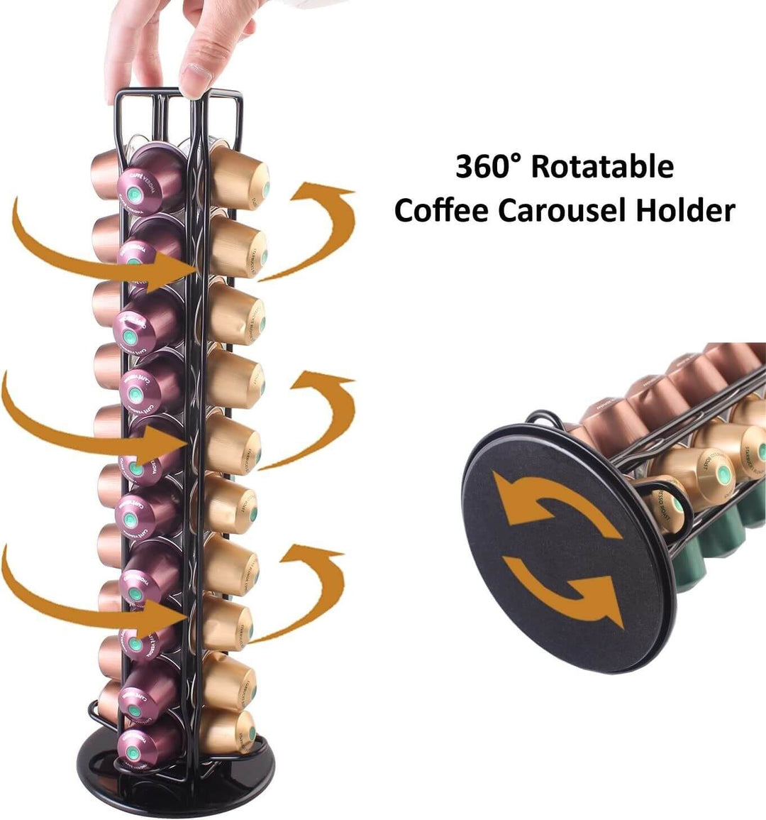 360° rotatable coffee carousel holder designed for convenient storage of Nespresso pods, featuring a stylish modern design.