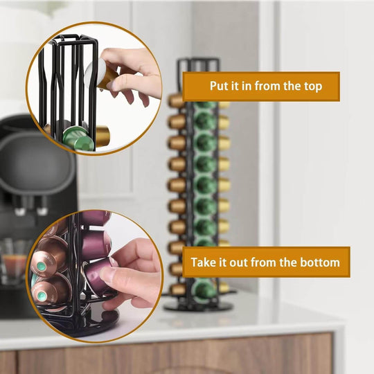 Coffee pods holder storage showing how to insert and remove pods, designed for 40 Nespresso capsules, modern and affordable design.