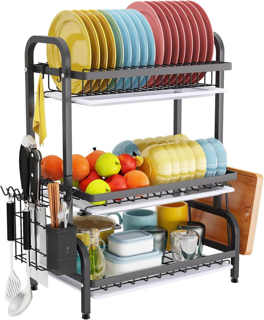 3-tier dish drying rack with colorful plates, utensils, and fruit, ideal for affordable kitchen storage solutions.