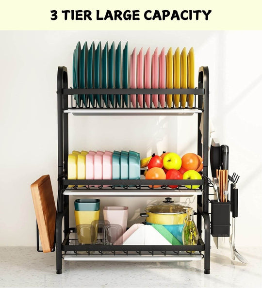 3-tier large capacity dish drying rack with colorful plates, bowls, and utensils for effective kitchen storage.