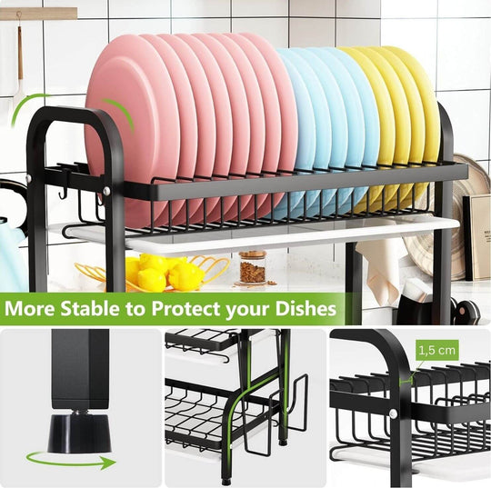 3-tier dish drying rack in black with colorful plates, offering stability and spacious storage for dishes.