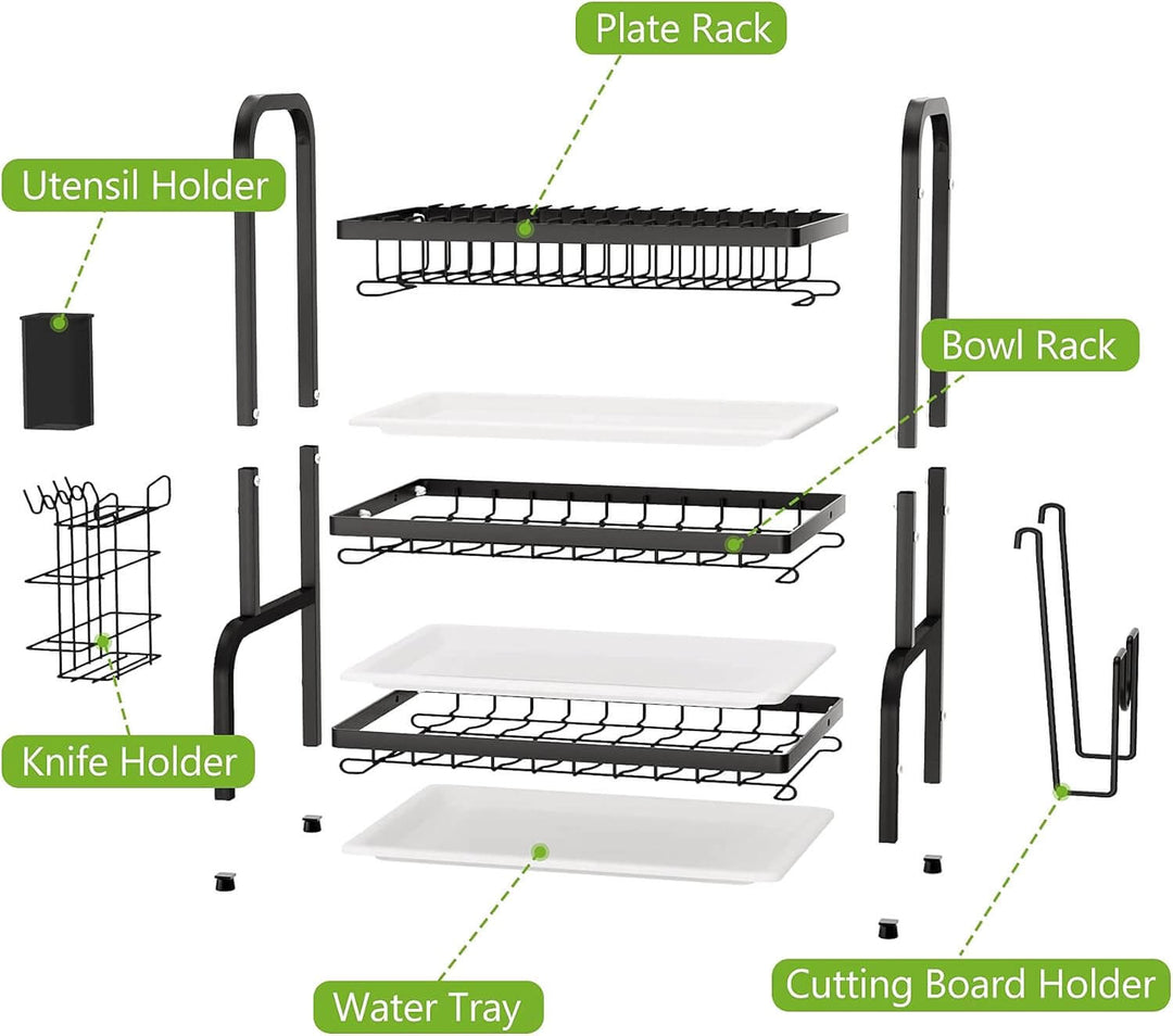 Dish drying rack parts layout showing utensil holder, plate rack, bowl rack, knife holder, water tray, and cutting board holder.