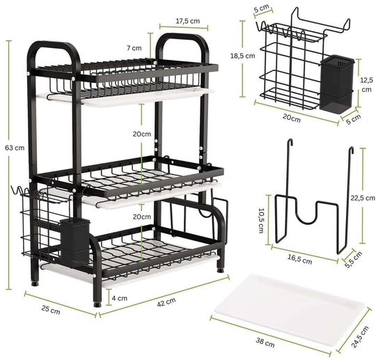 3-tier dish drying rack with utensil holder and cutting board, showcasing large capacity for kitchen organization.