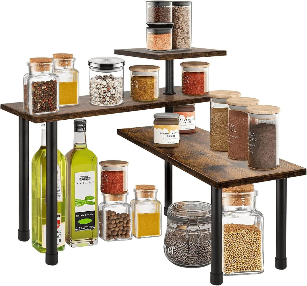 3-tier wooden corner shelf spice rack organiser displaying various spices and oils, sturdy and stylish home storage solution.