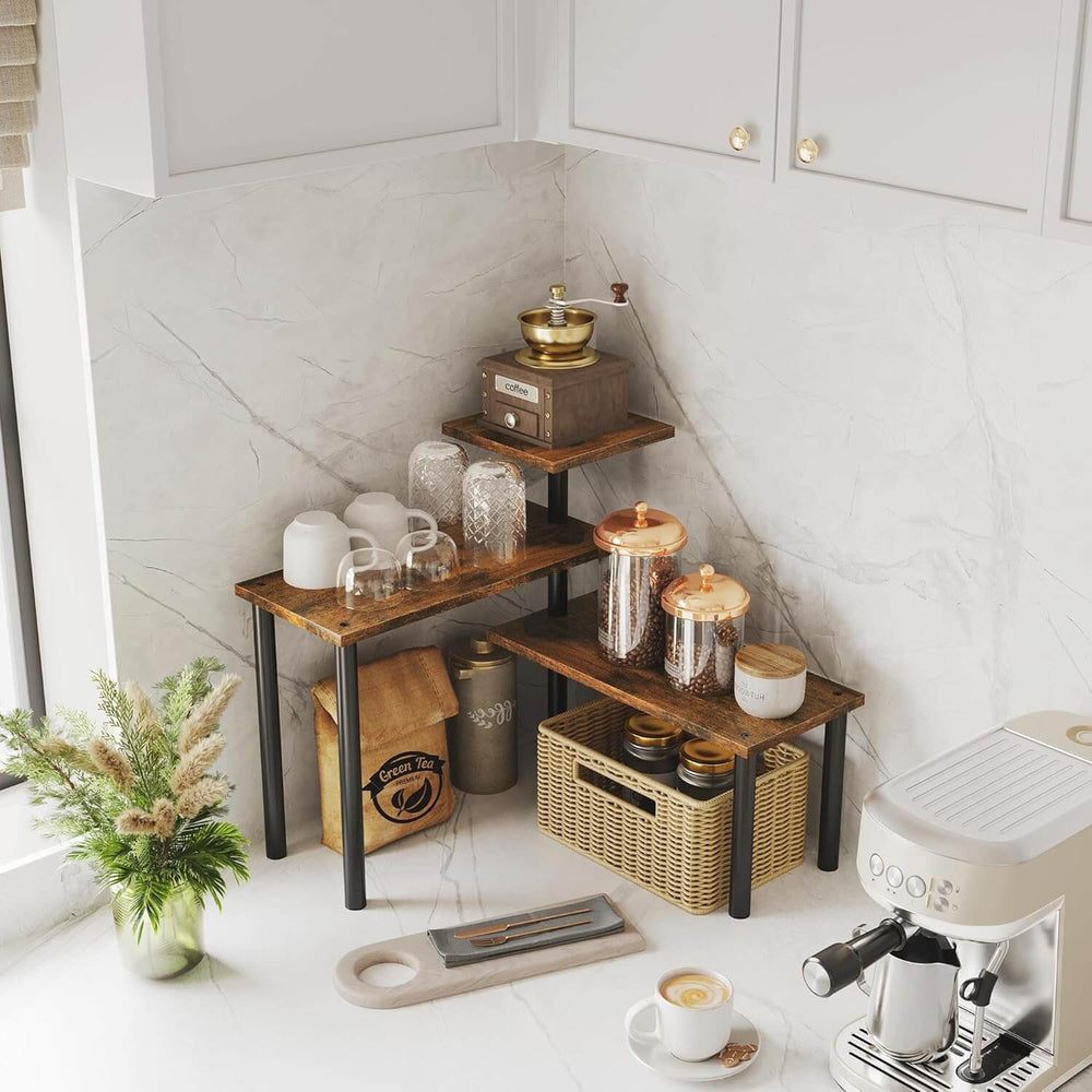 3-tier wooden corner shelf in a kitchen corner, featuring spice jars and decorative items for stylish home organisation.