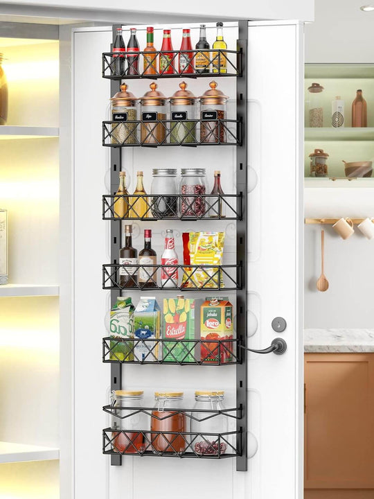 6 tier adjustable baskets over door pantry organizer showcasing jars and bottles in a modern kitchen.