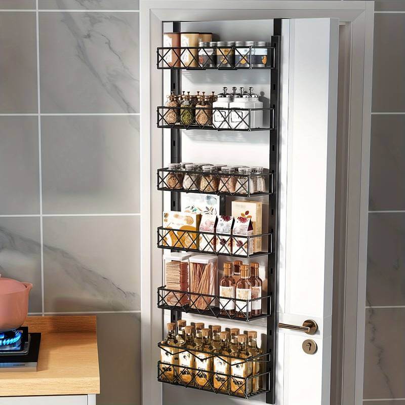 6 tier adjustable baskets over door pantry organizer maximizing space with quality storage for kitchen essentials.