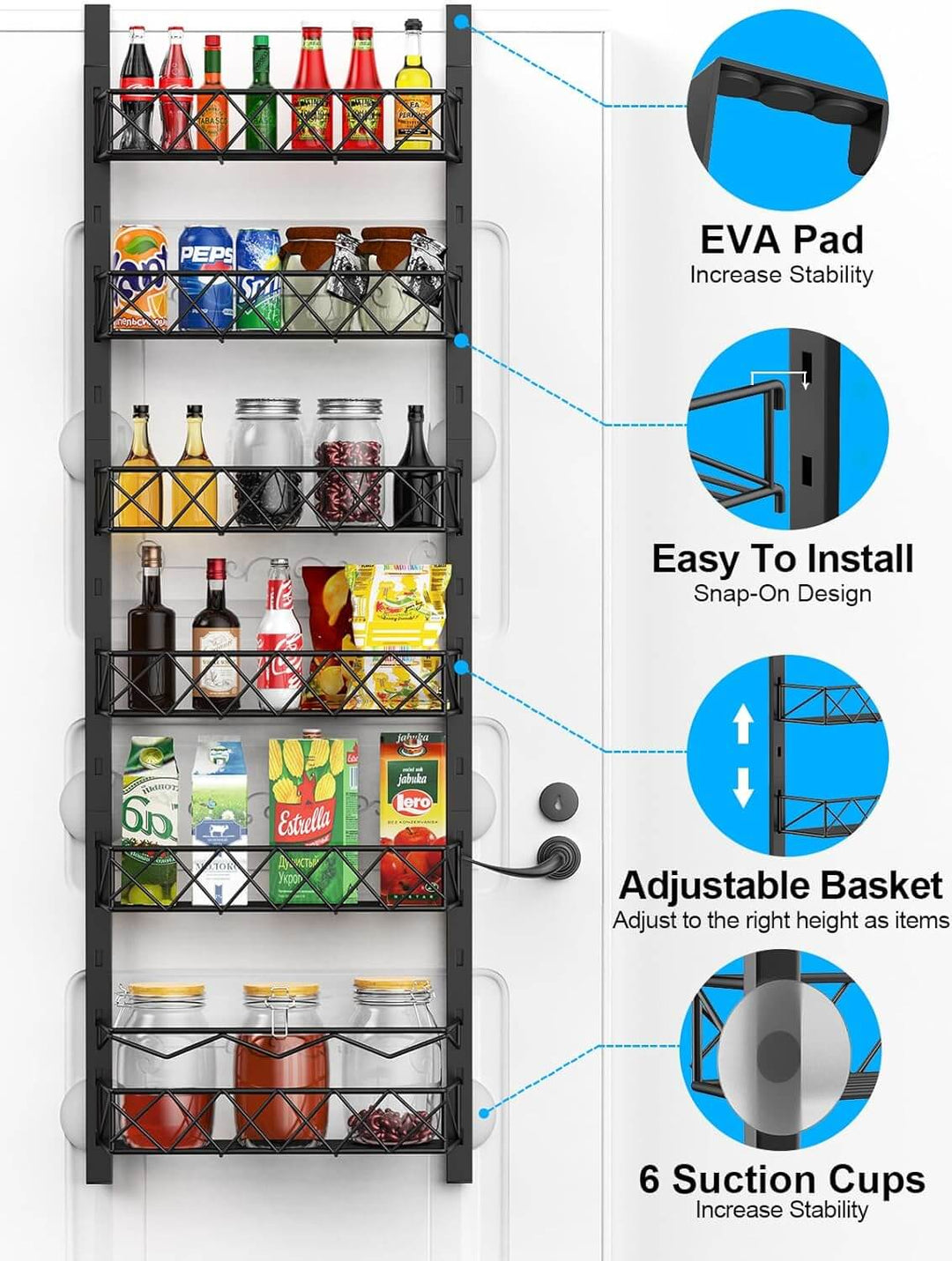 6 tier adjustable baskets over door pantry organizer with EVA pads, easy installation, and suction cups, ideal for home kitchen storage.