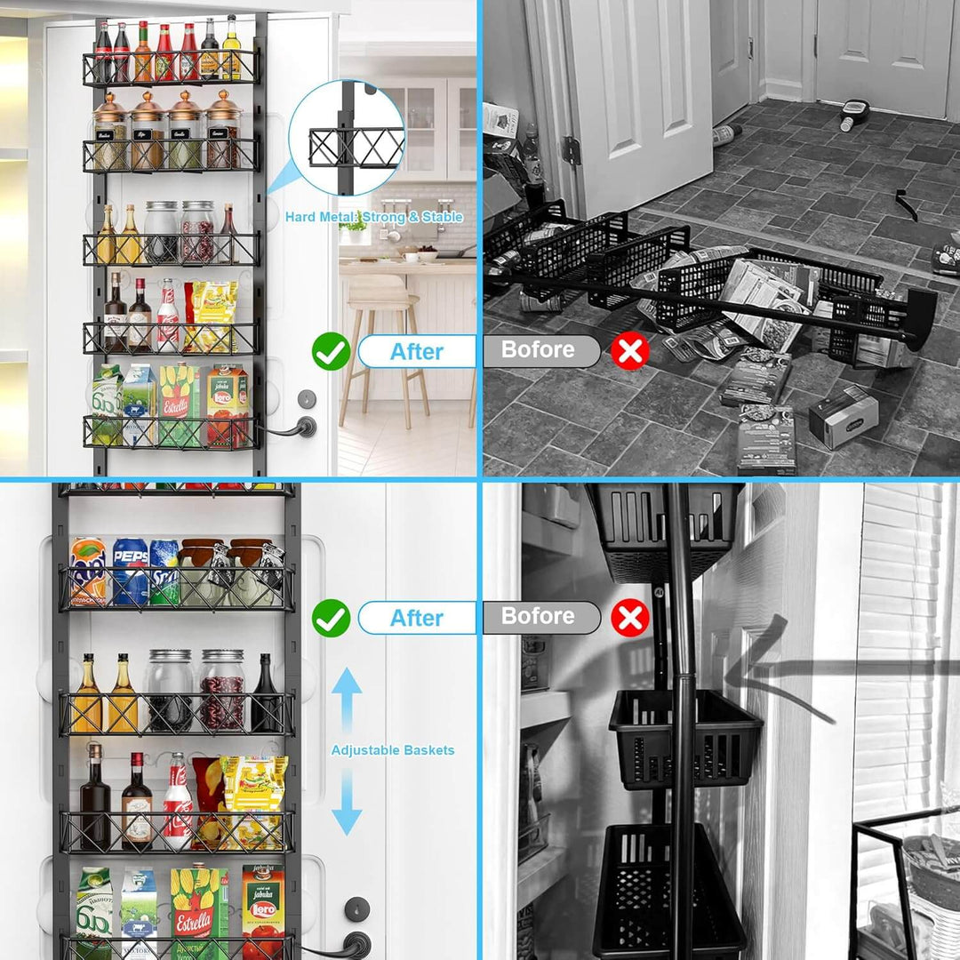 Before and after images of 6 tier adjustable baskets over door pantry organiser showcasing effective kitchen storage solutions.