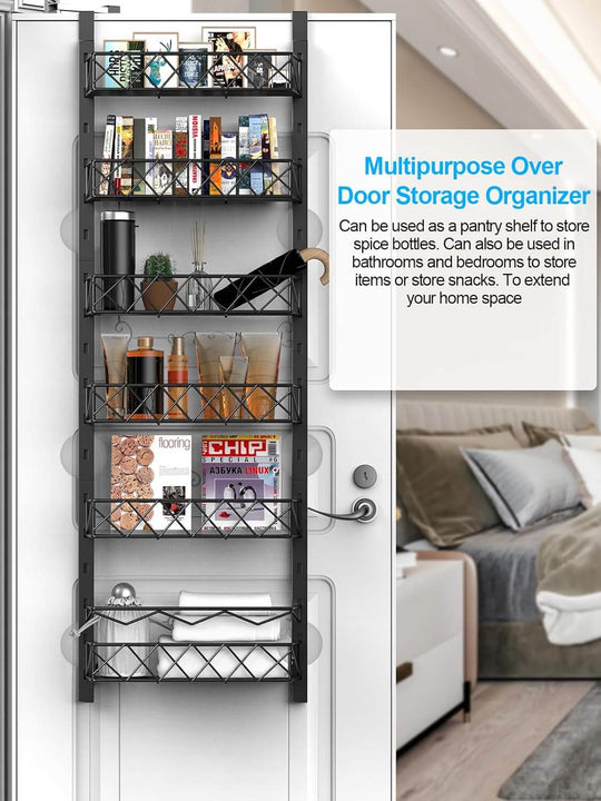 Multipurpose over door storage organizer with 6 baskets for pantry, bathroom, or bedroom; helps maximize home space.