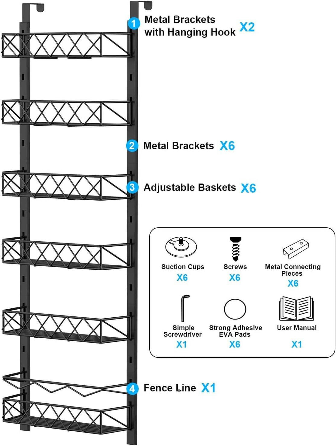 Diagram of 6 tier over door pantry organizer with components labeled: metal brackets, adjustable baskets, and assembly parts.