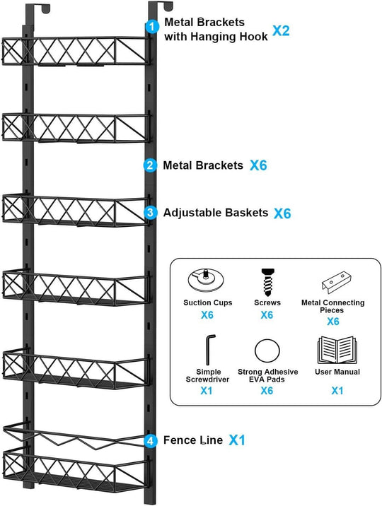 Diagram of 6 tier over door pantry organizer with components labeled: metal brackets, adjustable baskets, and assembly parts.