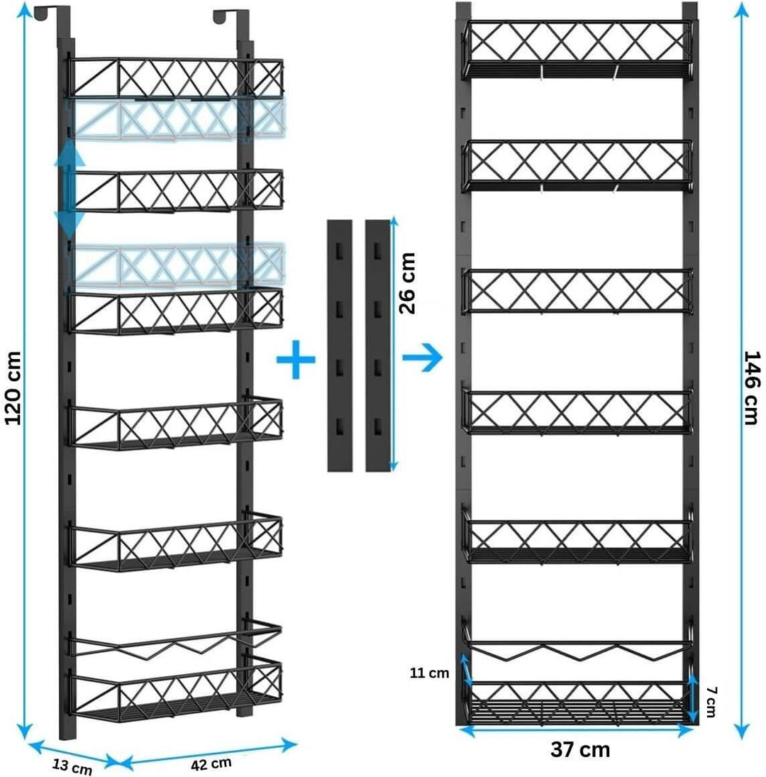 6 Tier Adjustable Baskets Over Door Pantry Organiser dimensions 42x13x146 cm, affordable and quality kitchen storage.