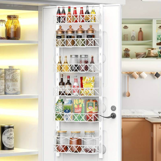 6 tier adjustable over door pantry organizer with jars and bottles, maximizing kitchen storage space affordably.