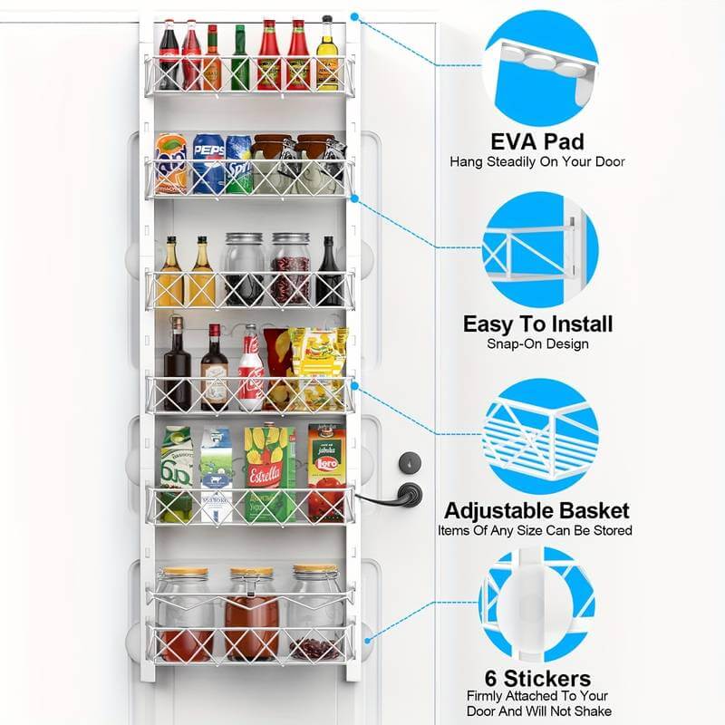 6 Tier Adjustable Baskets Over Door Pantry Organiser with easy installation and adjustable baskets for efficient kitchen storage.