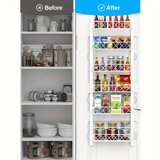 Before and after images of a pantry makeover using a 6 tier adjustable baskets organizer for improved storage and organization.