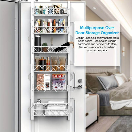 Multipurpose over door storage organizer with adjustable baskets for pantry, bathroom, and bedroom use. Affordable home organization solution.