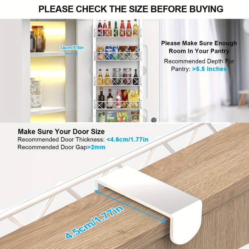 Instructions for checking door size before purchasing an over door pantry organizer, with measurements and recommendations.