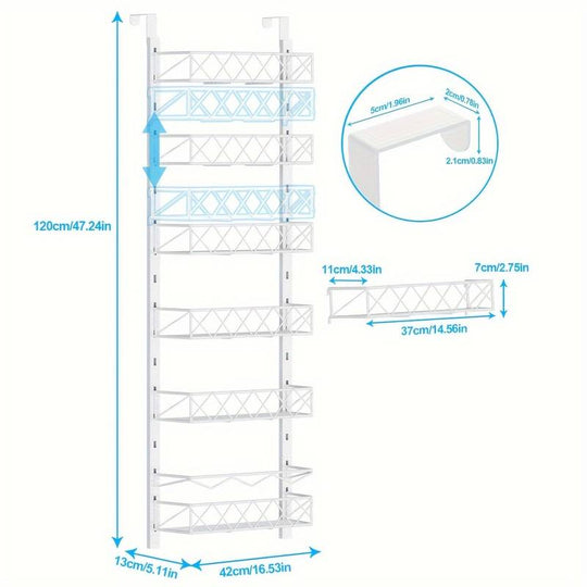 6 Tier Adjustable Over Door Pantry Organizer with dimensions 120cm height and 42cm width for home kitchen storage solutions.