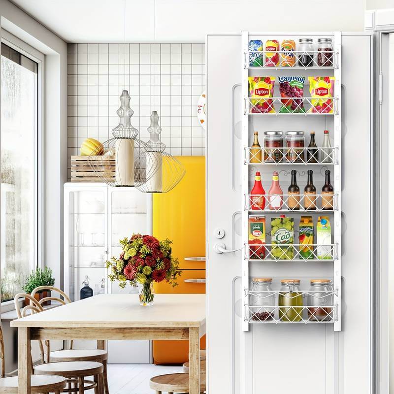 6 tier adjustable over door pantry organizer with metal baskets, enhancing kitchen storage and organization.